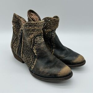 Circle G Distressed Black and Tan Perforated Leather Ankle Booties